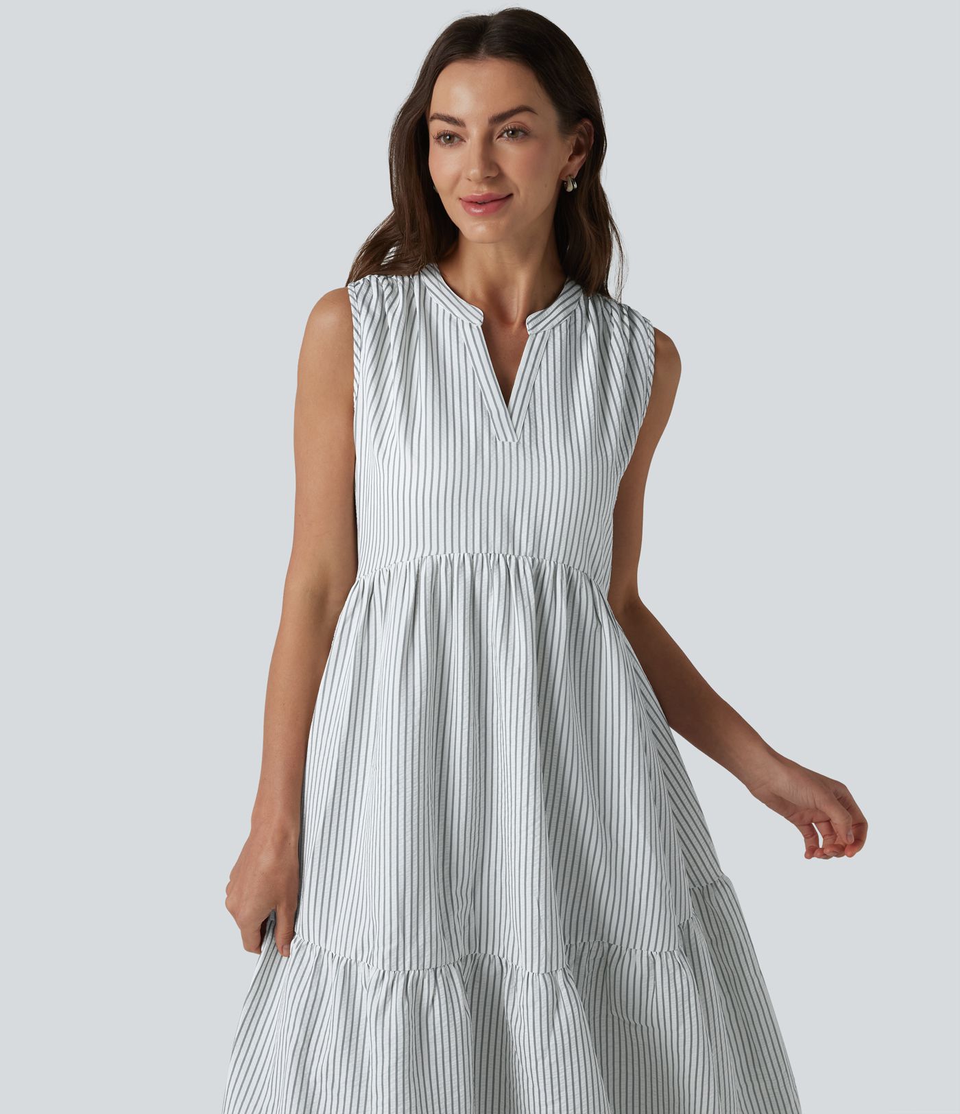 V Neck Built-in Bra Sleeveless Stripe Midi Dress