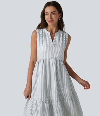 V Neck Built-in Bra Sleeveless Stripe Midi Dress