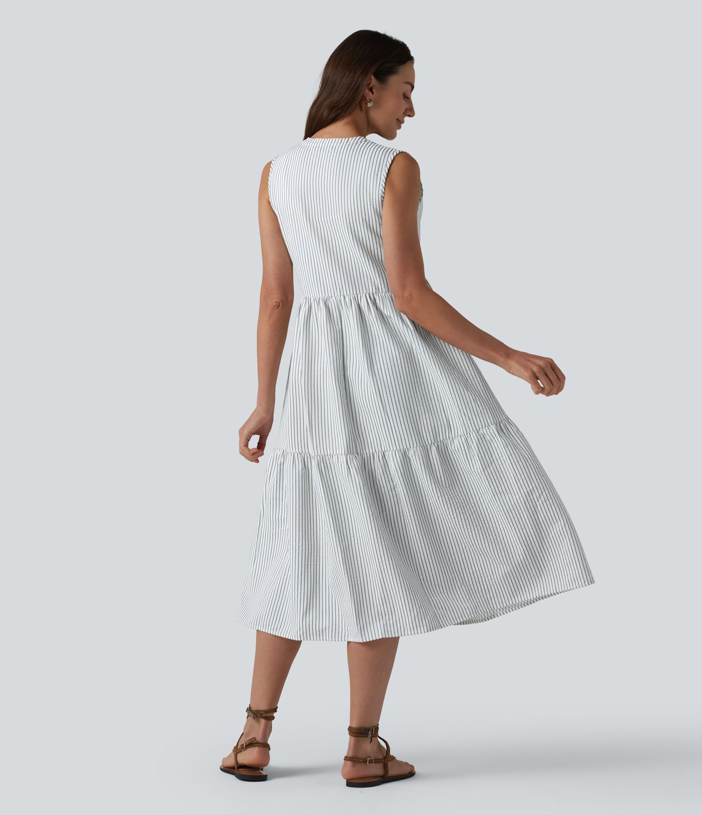 V Neck Built-in Bra Sleeveless Stripe Midi Dress