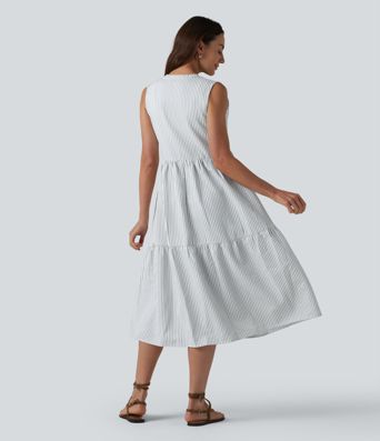 V Neck Built-in Bra Sleeveless Stripe Midi Dress