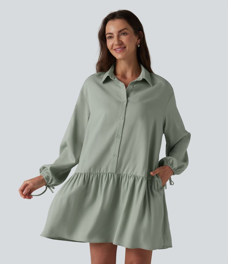 Hemd-Midikleid mit Seitentaschen und langen Ärmeln Hemd-Midikleid mit Seitentaschen und langen Ärmeln