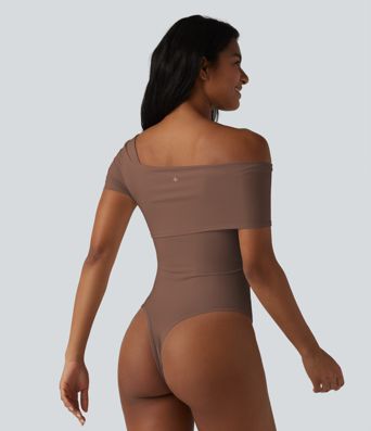 Asymmetrical Neck Short Sleeve Built-in Bra Casual Bodysuit