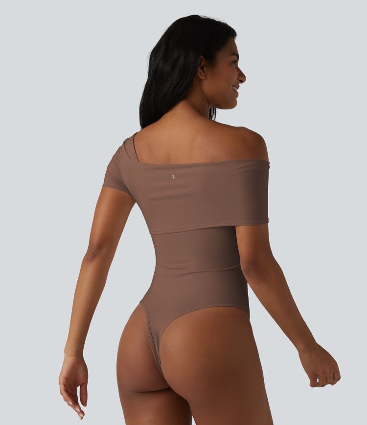 Asymmetrical Neck Short Sleeve Built-in Bra Casual Bodysuit