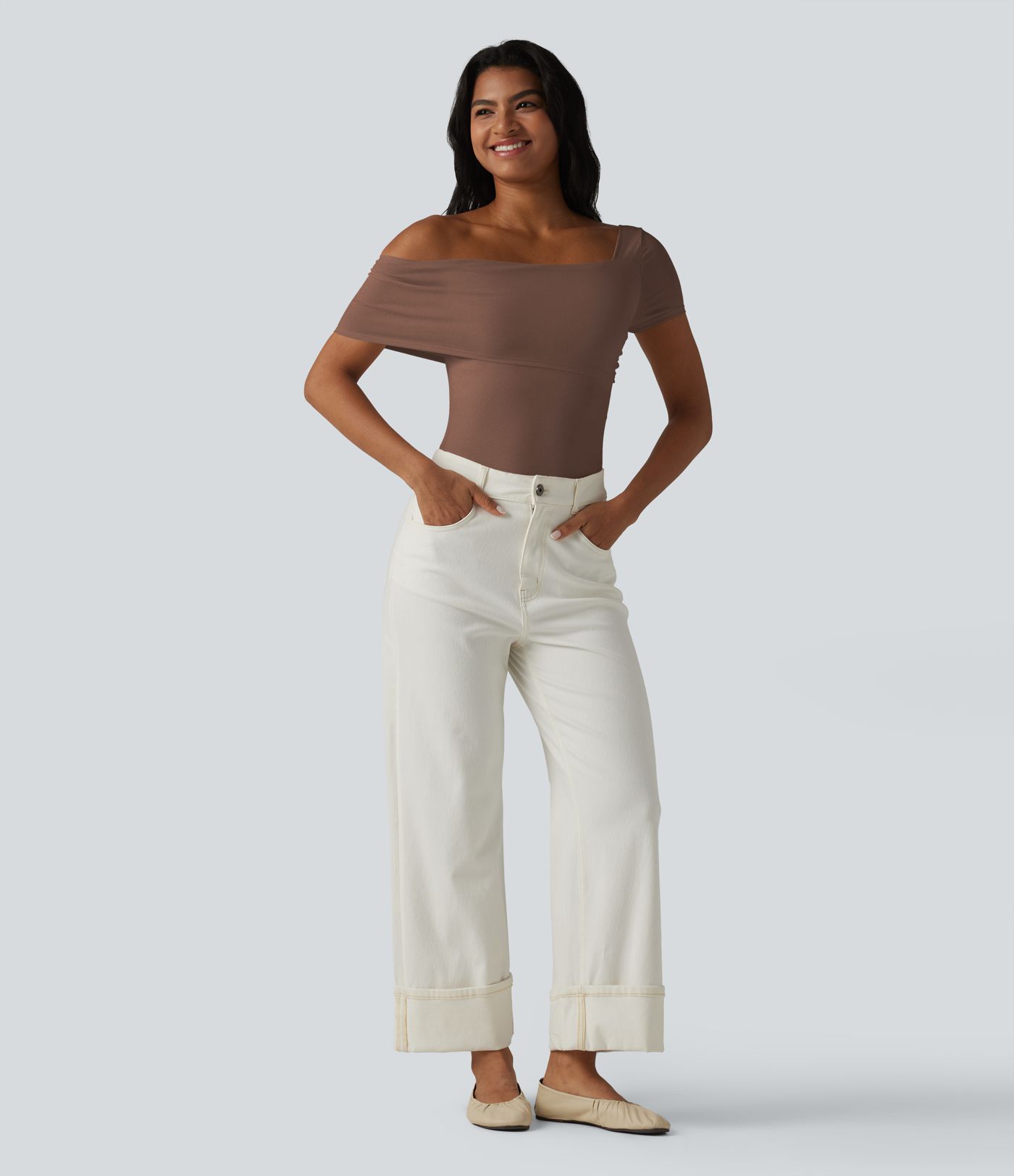 Asymmetrical Neck Short Sleeve Built-in Bra Casual Bodysuit