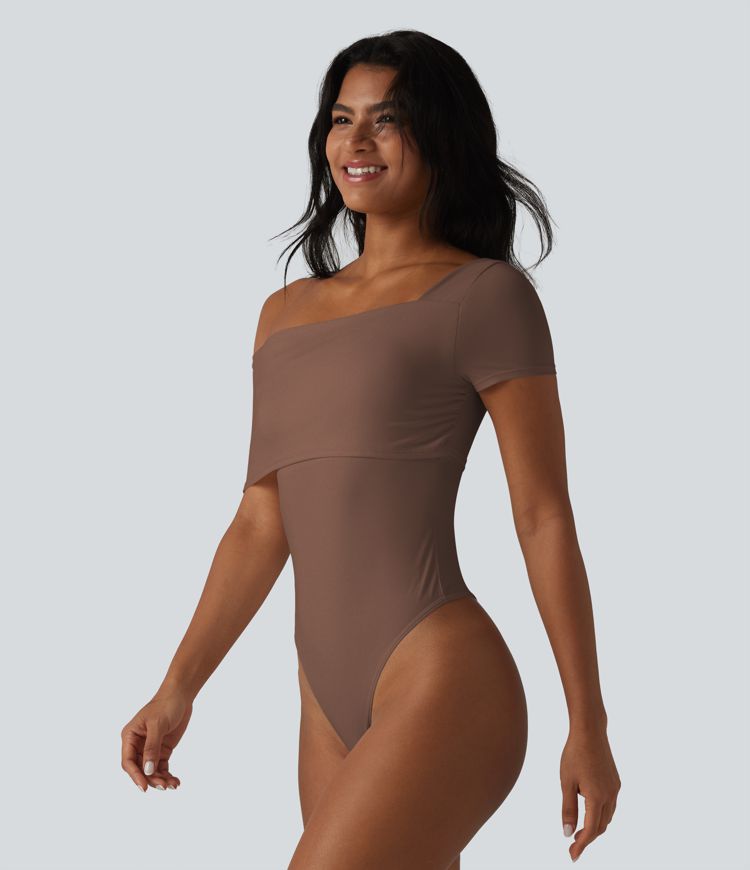 Asymmetrical Neck Short Sleeve Built-in Bra Casual Bodysuit