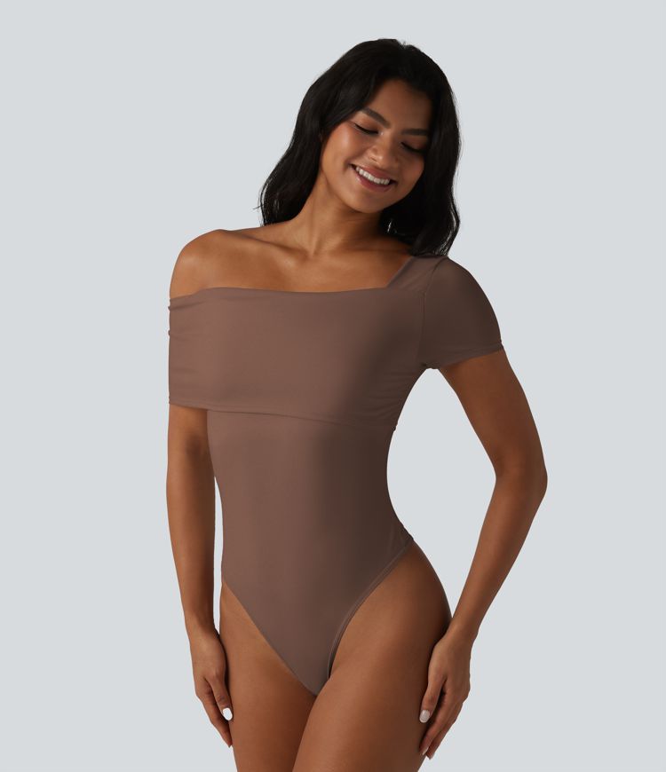 Asymmetrical Neck Short Sleeve Built-in Bra Casual Bodysuit
