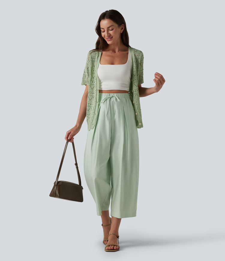 Pantalon casual court en coton et lin taille haute coupe ballon avec cordon de serrage et poches