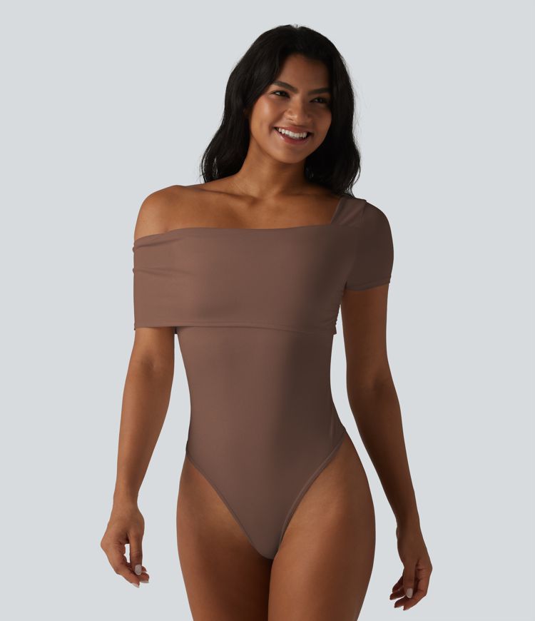 Asymmetrical Neck Short Sleeve Built-in Bra Casual Bodysuit