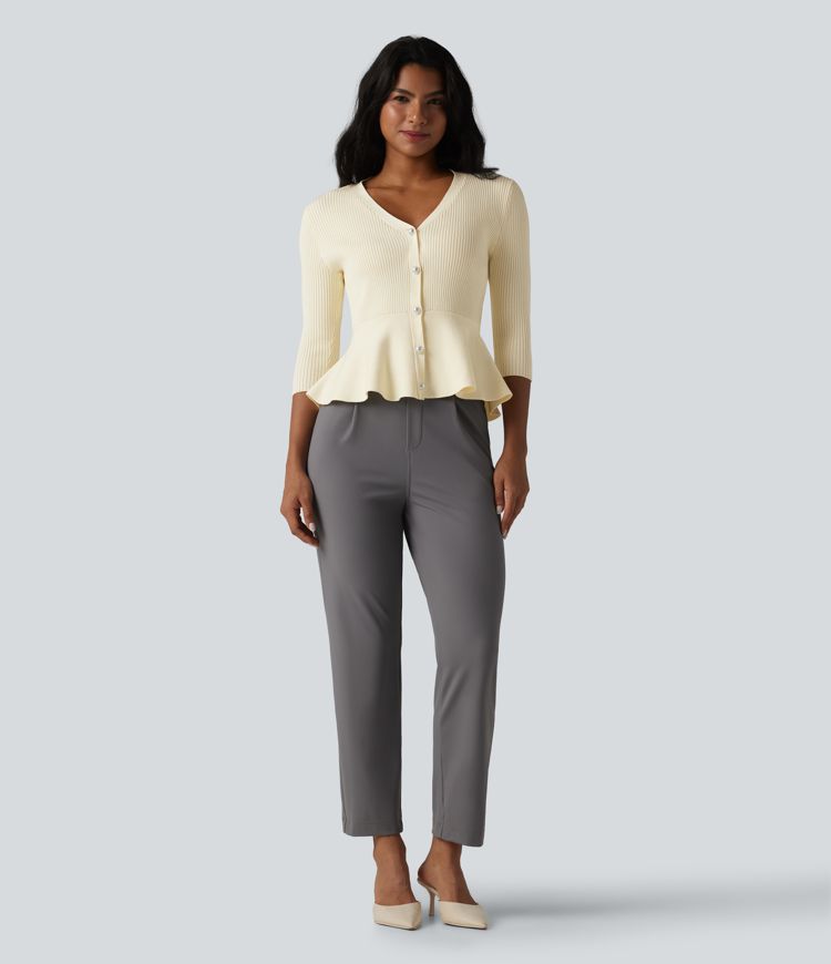 V Neck 3/4 Sleeve Work Peplum Cardigan