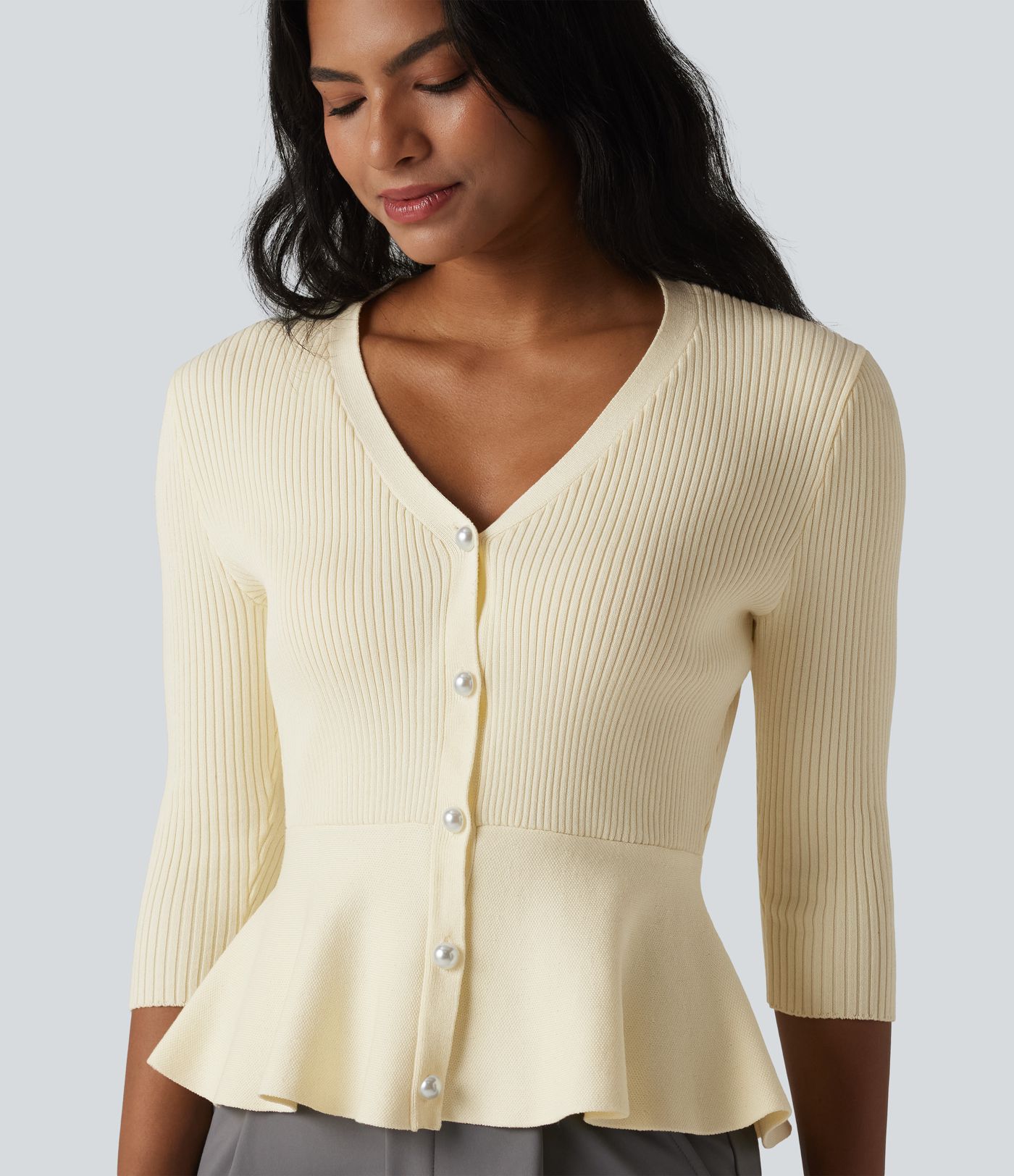 V Neck 3/4 Sleeve Work Peplum Cardigan