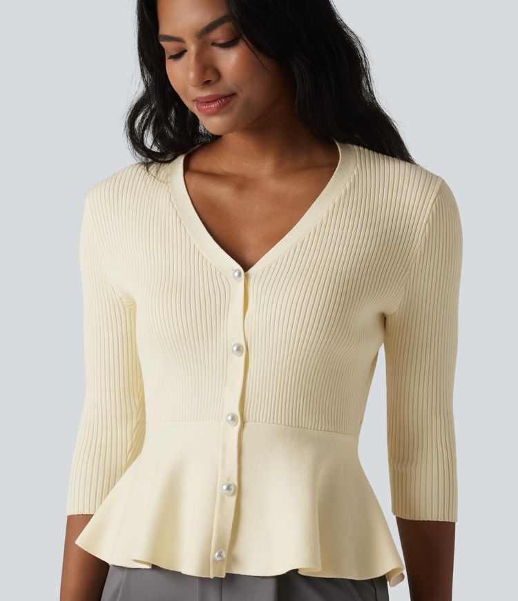 V Neck 3/4 Sleeve Work Peplum Cardigan