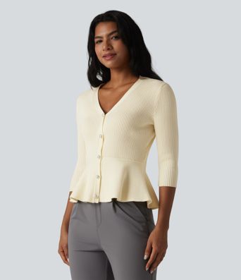 V Neck 3/4 Sleeve Work Peplum Cardigan