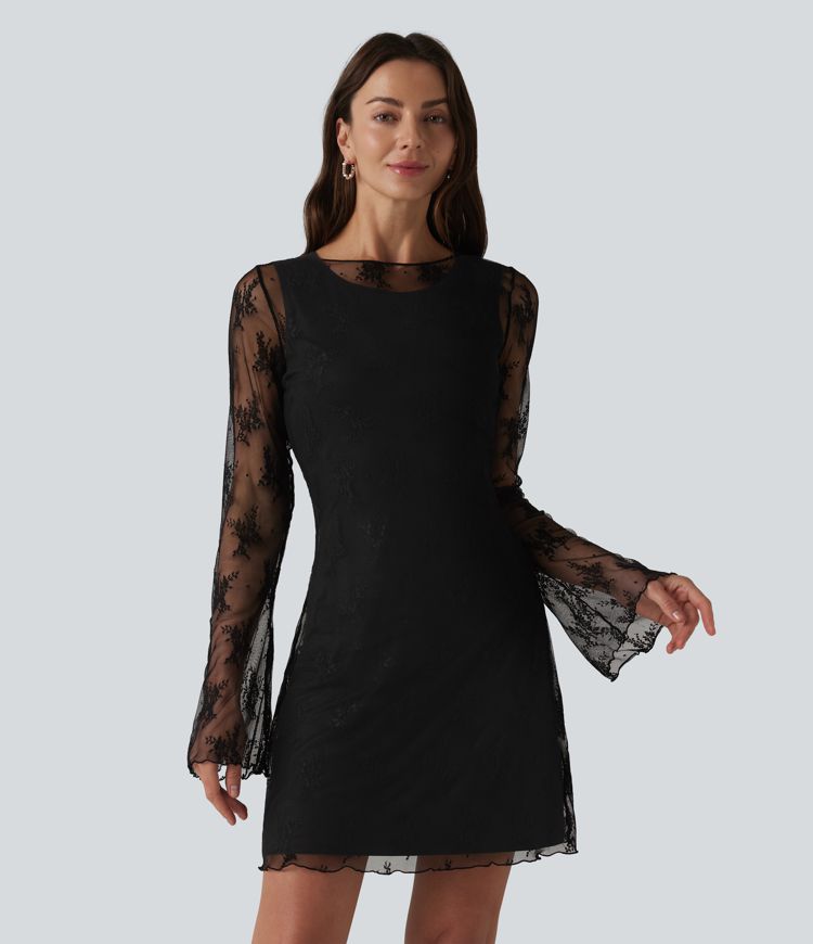 Robe de soirée deux pièces en dentelle col rond manches à volants