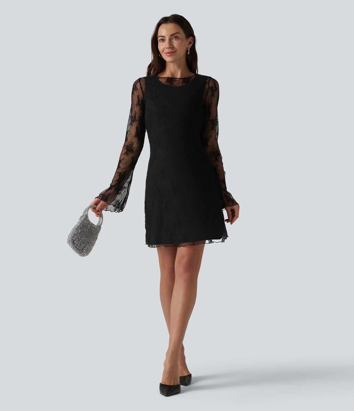 Robe de soirée deux pièces en dentelle à col rond et manches à volants