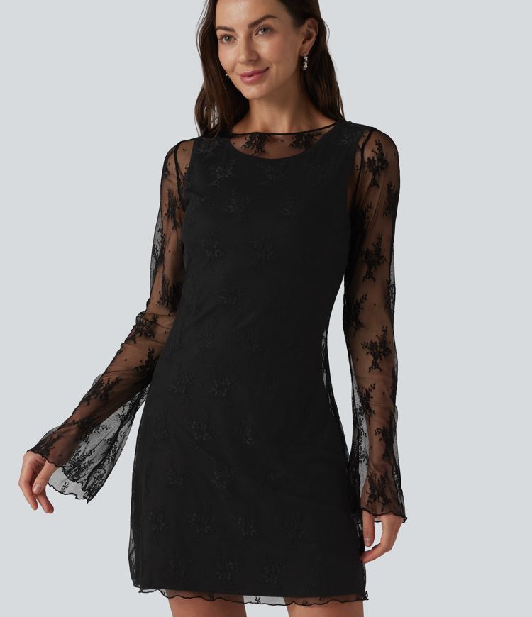 Robe de soirée deux pièces en dentelle à col rond et manches à volants