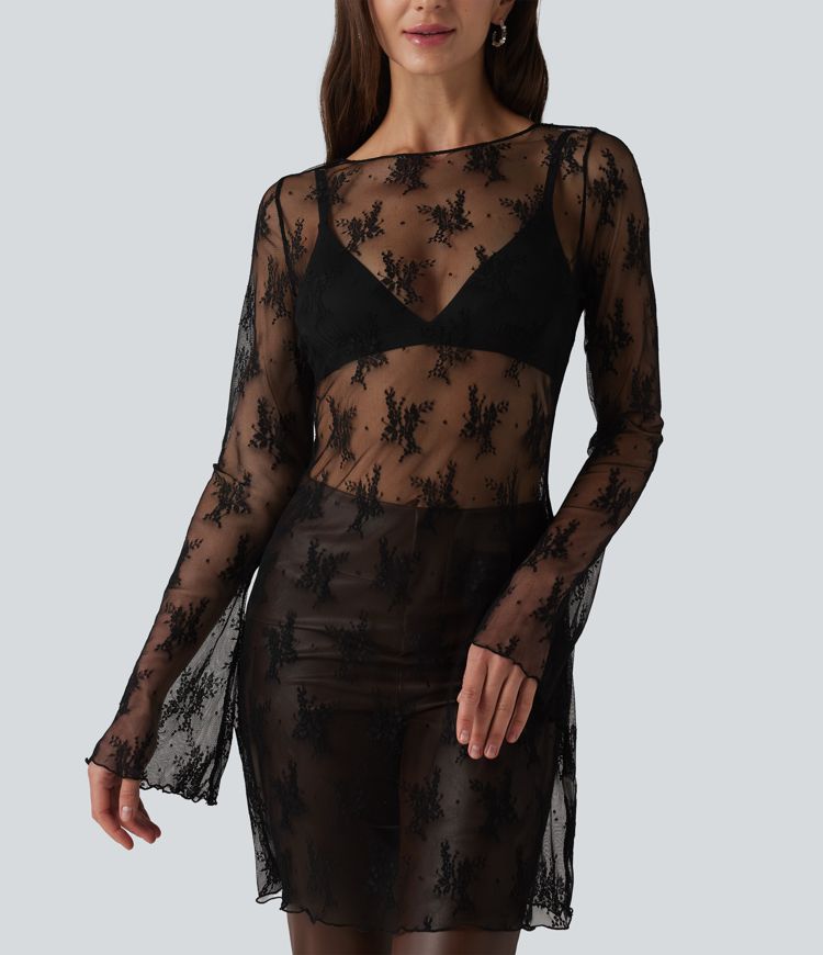 Robe de soirée deux pièces en dentelle à col rond et manches à volants