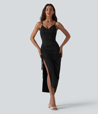 Robe midi moulante à col en V rembourrage non amovible et fronces à cordon Robe midi moulante à col en V rembourrage non amovible et fronces à cordon