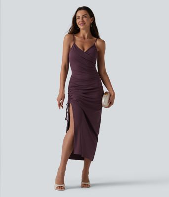 Robe midi moulante à col en V, coussinets non amovibles, froncée et dotée d'un cordon de serrage