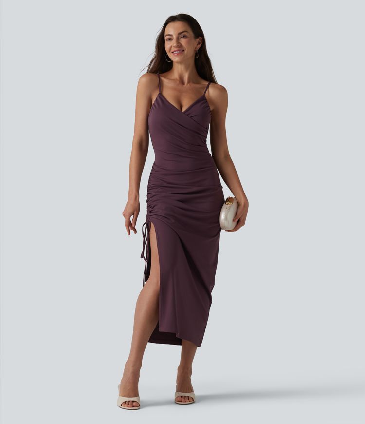 Robe midi moulante à col en V, coussinets non amovibles, froncée et dotée d'un cordon de serrage