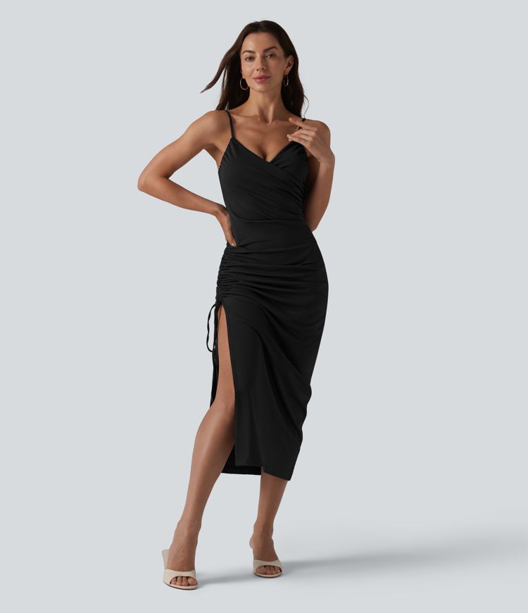 Robe midi moulante à col en V rembourrage non amovible et fronces à cordon Robe midi moulante à col en V rembourrage non amovible et fronces à cordon