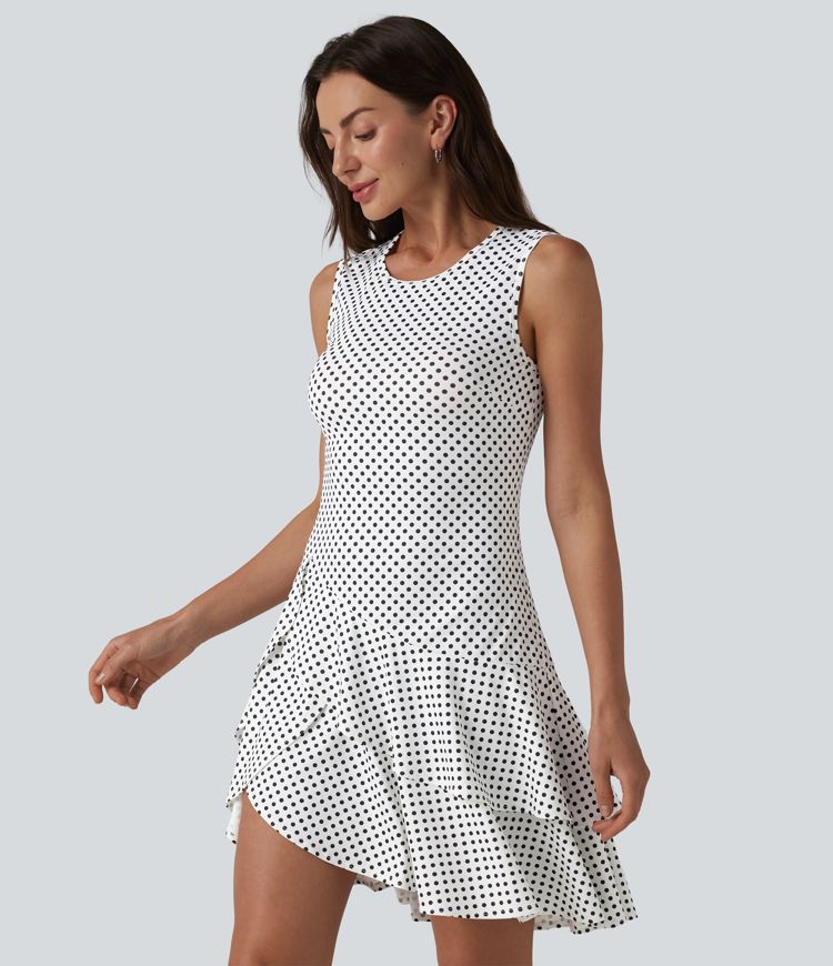 Round Neck Sleeveless Layered Ruffle Hem Polka Dot Mini Casual Dress