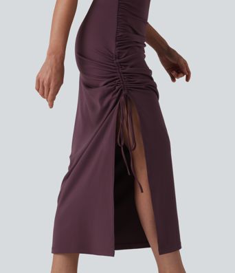 Robe midi moulante à col en V, coussinets non amovibles, froncée et dotée d'un cordon de serrage