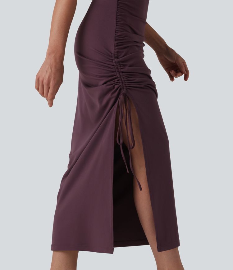 Robe midi moulante à col en V, coussinets non amovibles, froncée et dotée d'un cordon de serrage