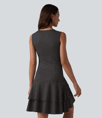 Robe mini casual à pois col rond sans manches ourlet à volants superposés