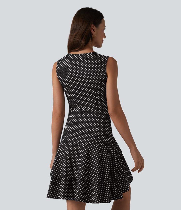 Robe mini casual à pois col rond sans manches ourlet à volants superposés