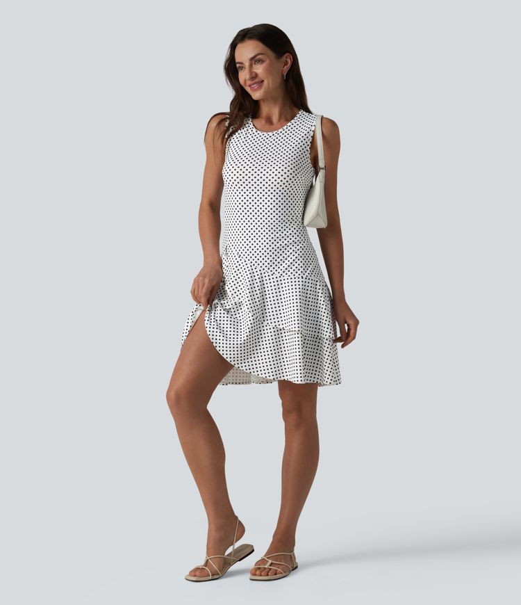 Round Neck Sleeveless Layered Ruffle Hem Polka Dot Mini Casual Dress