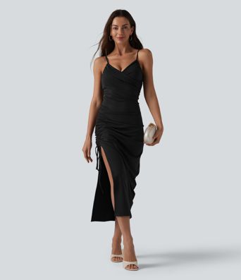 Robe midi moulante à col en V rembourrage non amovible et fronces à cordon Robe midi moulante à col en V rembourrage non amovible et fronces à cordon