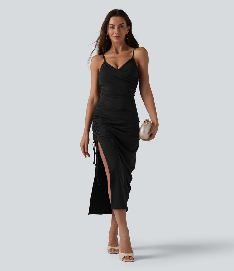 Robe midi moulante à col en V rembourrage non amovible et fronces à cordon Robe midi moulante à col en V rembourrage non amovible et fronces à cordon