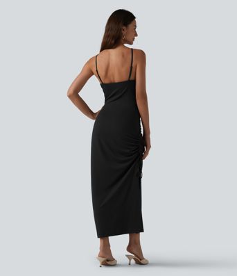 Robe midi moulante à col en V rembourrage non amovible et fronces à cordon Robe midi moulante à col en V rembourrage non amovible et fronces à cordon