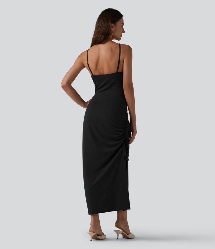 Robe midi moulante à col en V rembourrage non amovible et fronces à cordon Robe midi moulante à col en V rembourrage non amovible et fronces à cordon