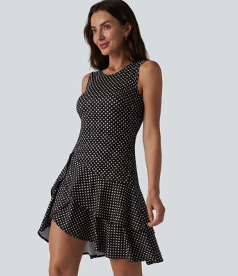 Robe mini casual à pois col rond sans manches ourlet à volants superposés