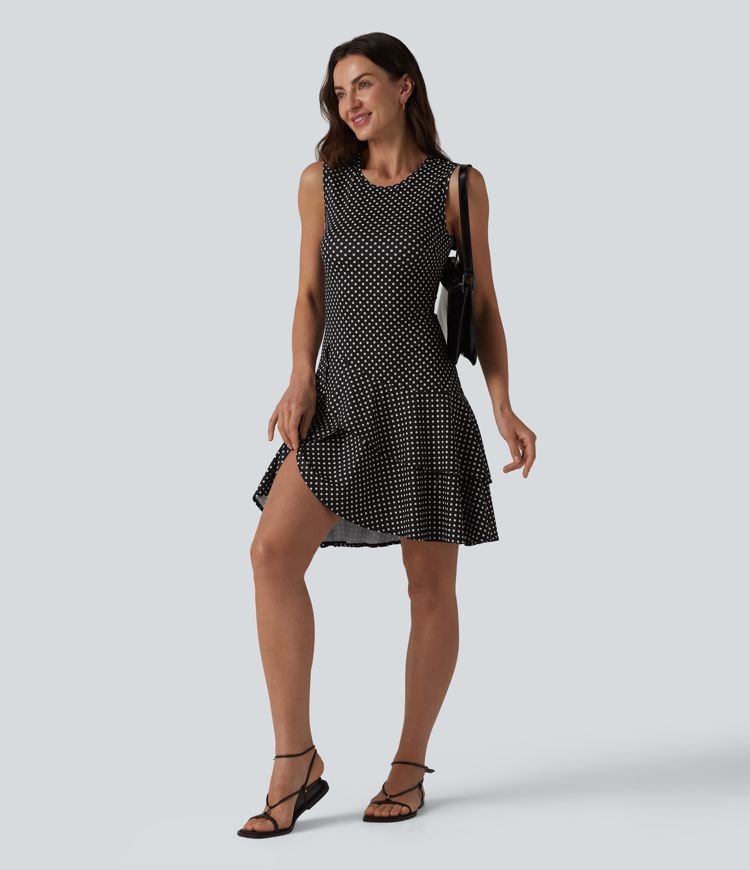 Robe mini casual à pois col rond sans manches ourlet à volants superposés