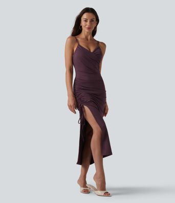 Robe midi moulante à col en V, coussinets non amovibles, froncée et dotée d'un cordon de serrage