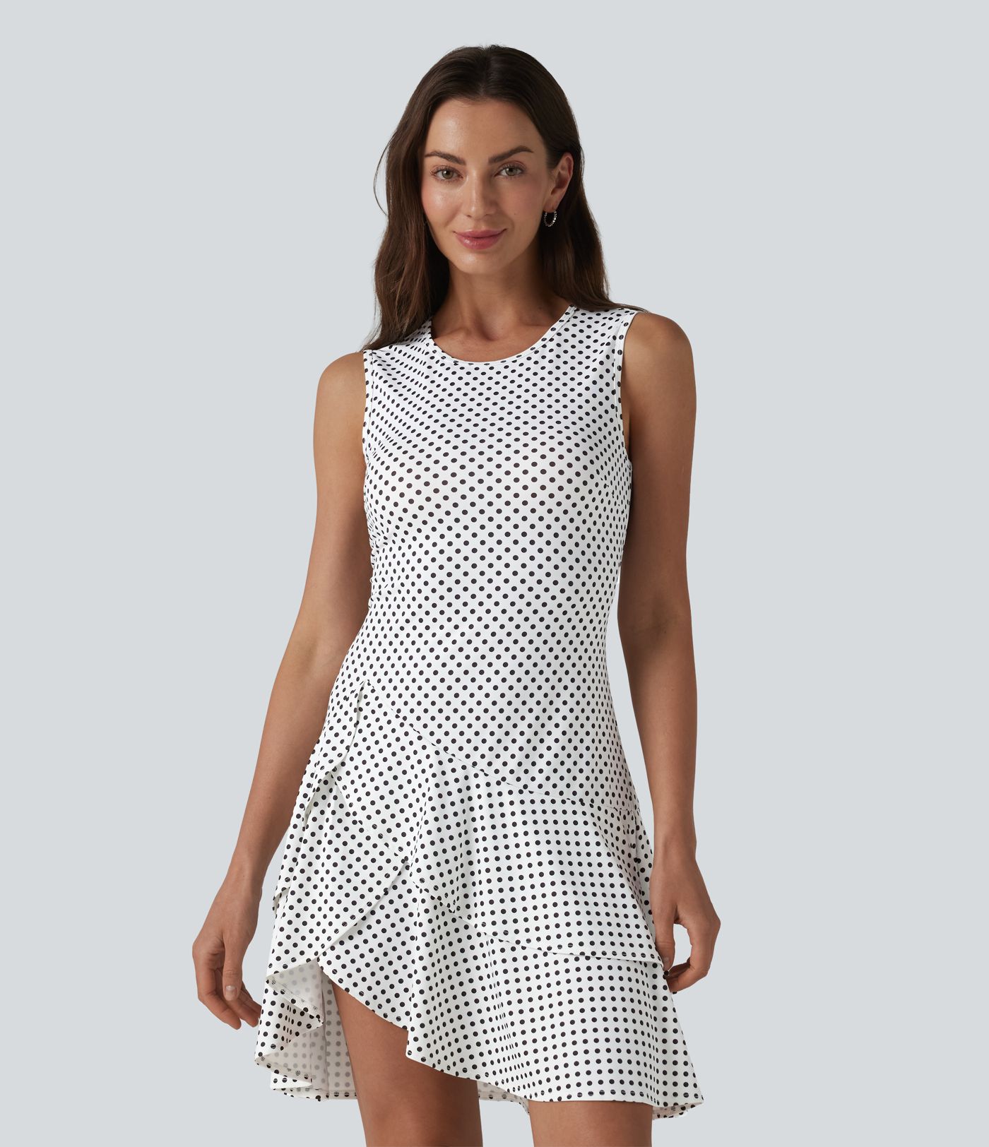 Round Neck Sleeveless Layered Ruffle Hem Polka Dot Mini Casual Dress