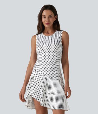 Round Neck Sleeveless Layered Ruffle Hem Polka Dot Mini Casual Dress