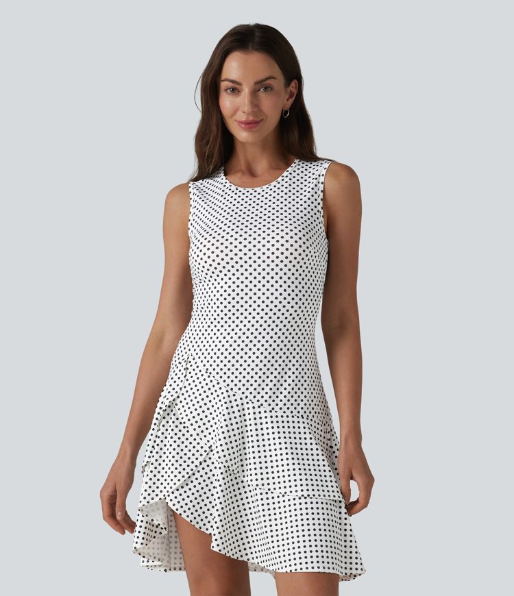 Round Neck Sleeveless Layered Ruffle Hem Polka Dot Mini Casual Dress