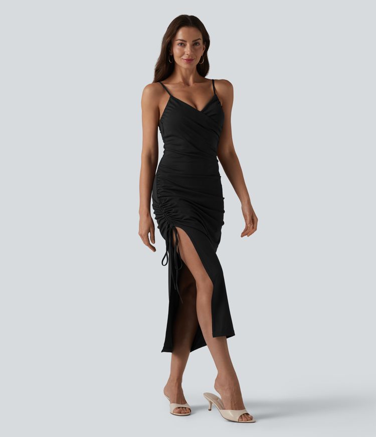 Robe midi moulante à col en V rembourrage non amovible et fronces à cordon Robe midi moulante à col en V rembourrage non amovible et fronces à cordon