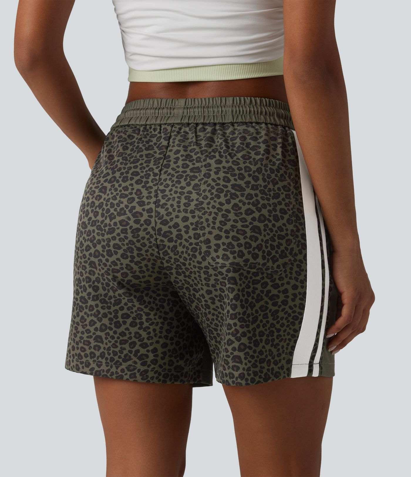 Mid Rise Drawstring Color Block Stripes Contrast Leopard Casual Baggy Shorts 5'' with Pockets