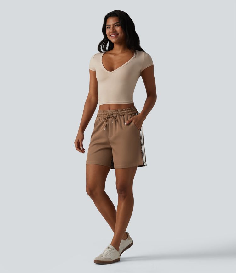 Mid Rise Drawstring Color Block Stripes Contrast Leopard Casual Baggy Shorts 5'' with Pockets