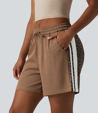 Mid Rise Drawstring Color Block Stripes Contrast Leopard Casual Baggy Shorts 5'' with Pockets