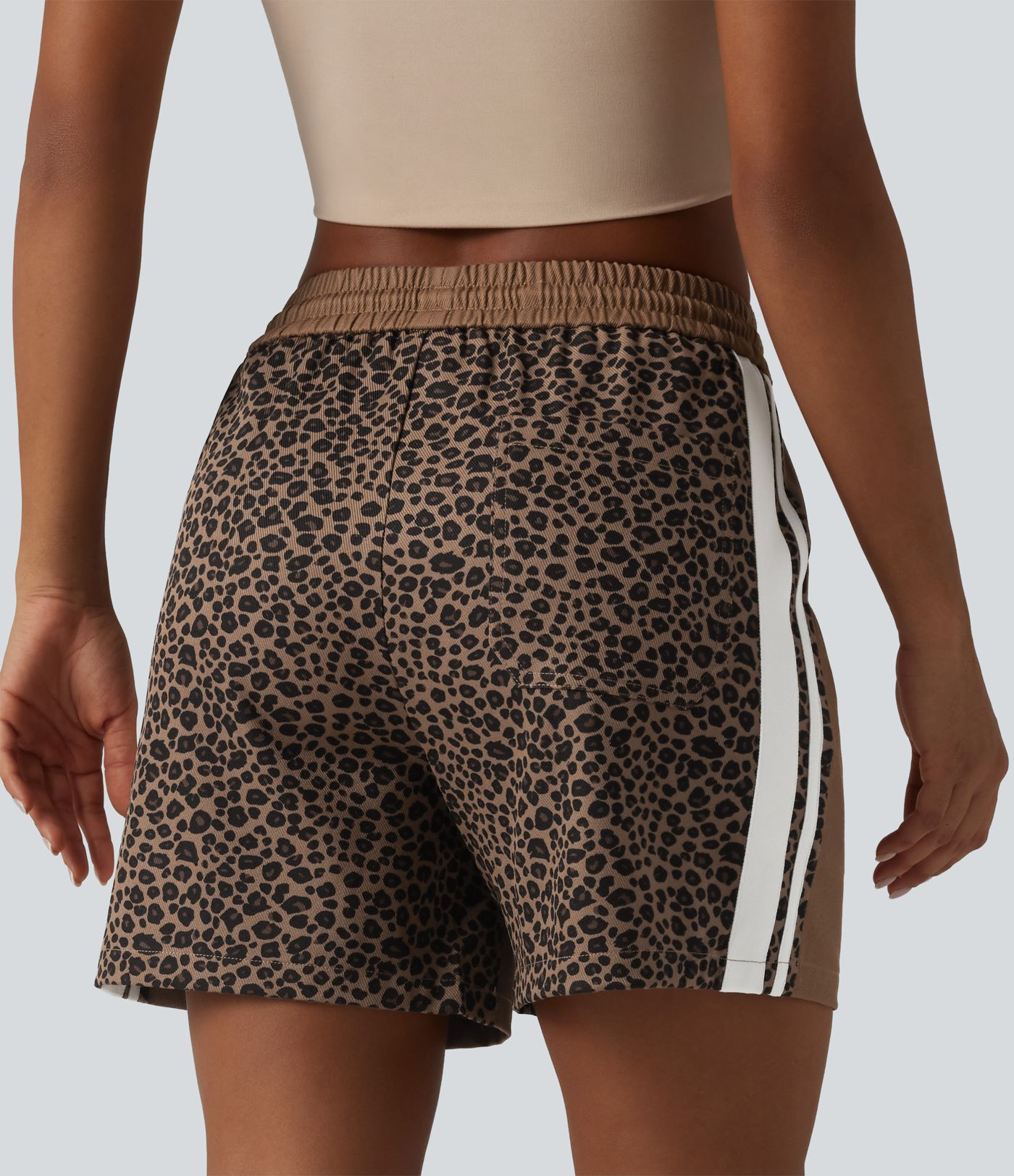 Mid Rise Drawstring Color Block Stripes Contrast Leopard Casual Baggy Shorts 5'' with Pockets