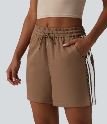 Mid Rise Drawstring Color Block Stripes Contrast Leopard Casual Baggy Shorts 5'' with Pockets