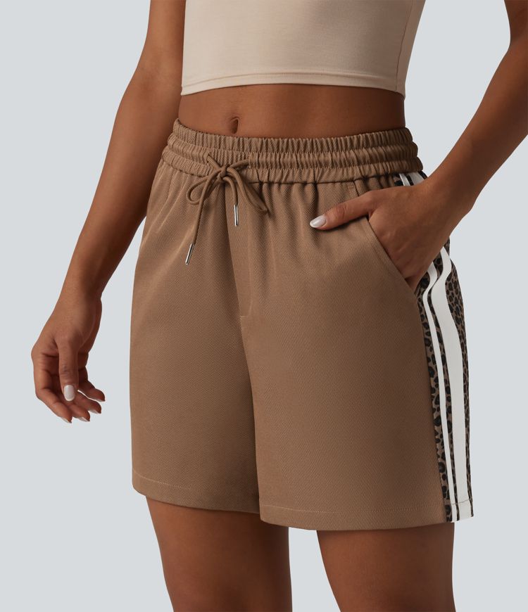 Mid Rise Drawstring Color Block Stripes Contrast Leopard Casual Baggy Shorts 5'' with Pockets