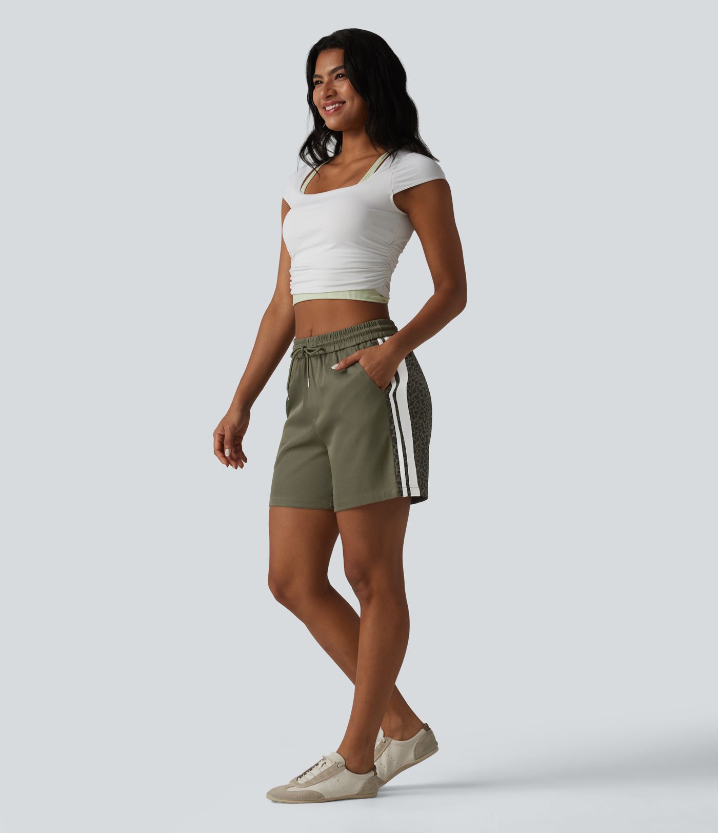 Mid Rise Drawstring Color Block Stripes Contrast Leopard Casual Baggy Shorts 5'' with Pockets