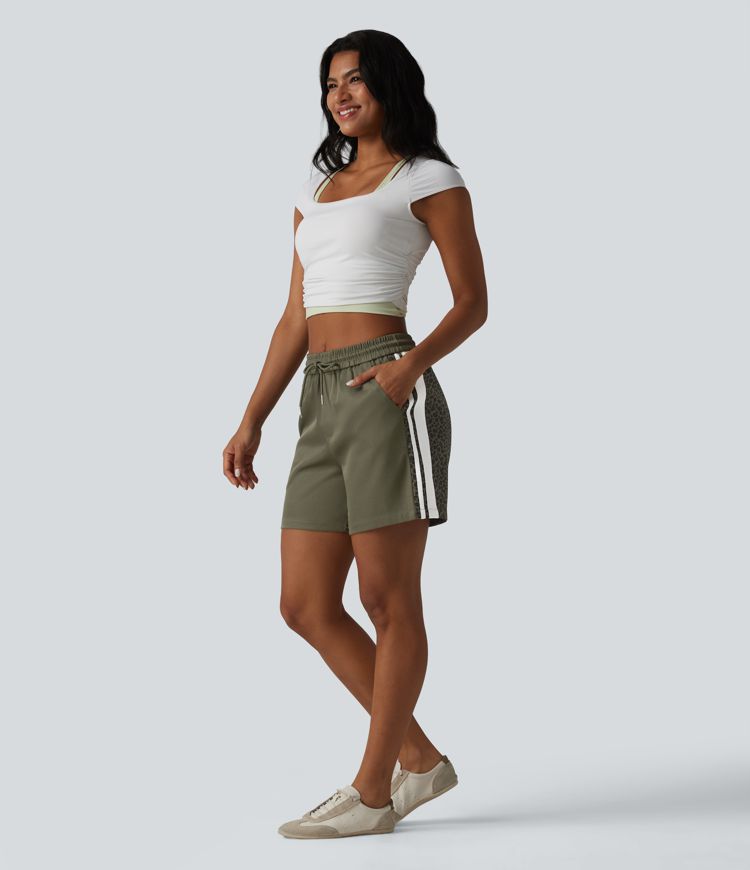 Mid Rise Drawstring Color Block Stripes Contrast Leopard Casual Baggy Shorts 5'' with Pockets