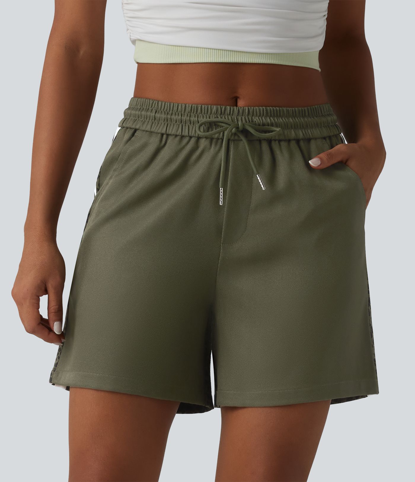 Mid Rise Drawstring Color Block Stripes Contrast Leopard Casual Baggy Shorts 5'' with Pockets